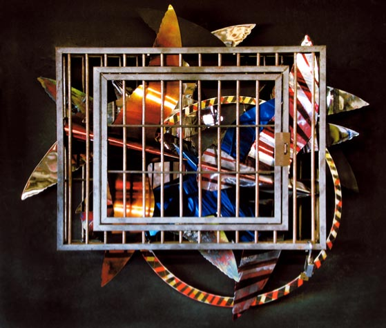 Bird Cage (15) 46” x 40” Steel, painted brass, stainless steel